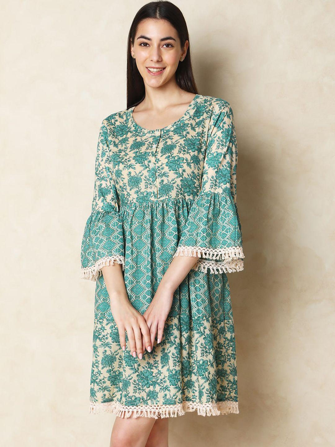 indifusion floral printed bell sleeves tiered detail cotton fit and flare ethnic dress