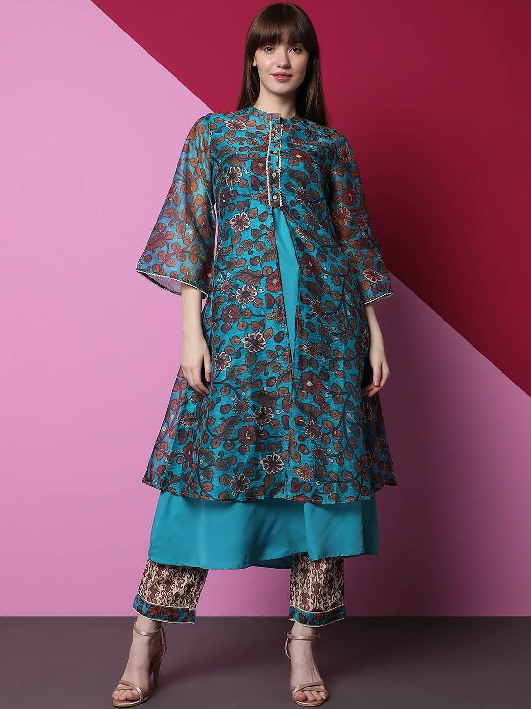 indifusion floral printed layered kurta with trousers