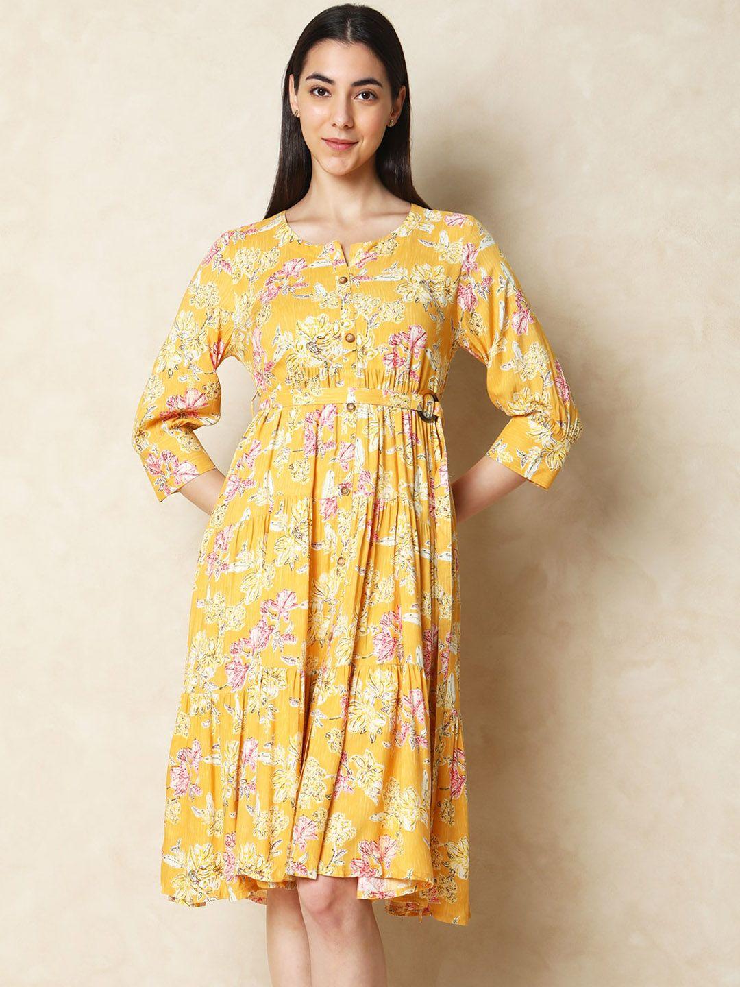 indifusion floral printed notched neck fit and flare dress