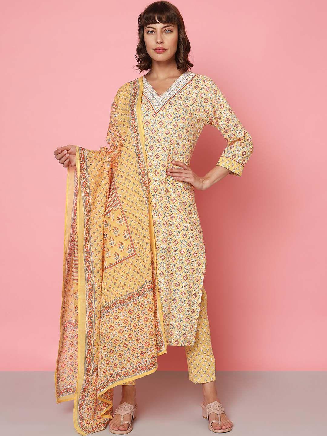 indifusion floral printed regular pure cotton kurta & trousers with dupatta