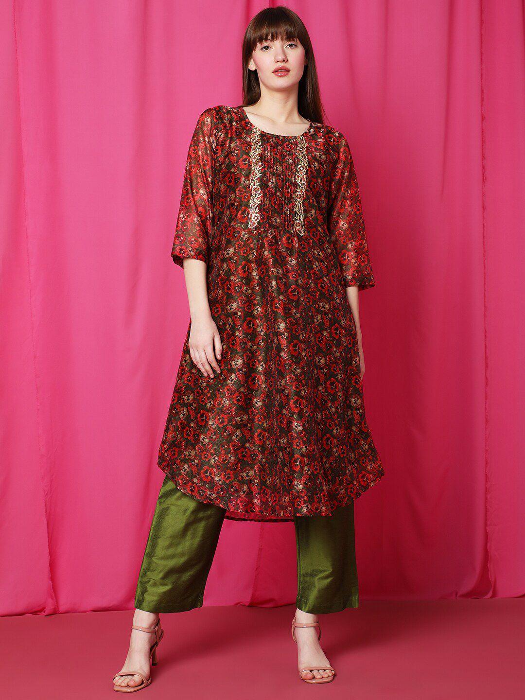 indifusion floral printed thread work a-line curved kurta with trousers