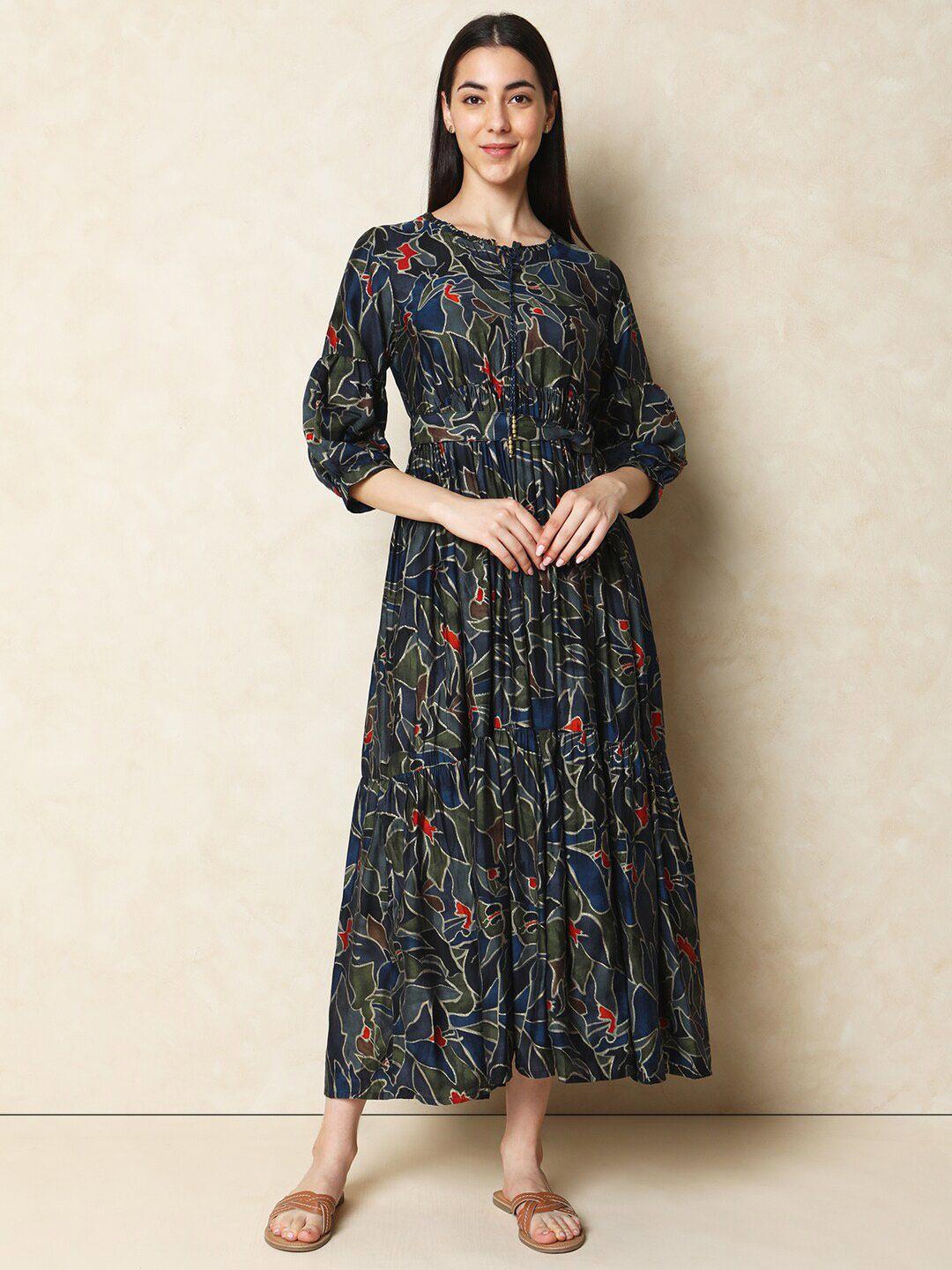 indifusion floral printed tie-up neck cotton fit & flare dress