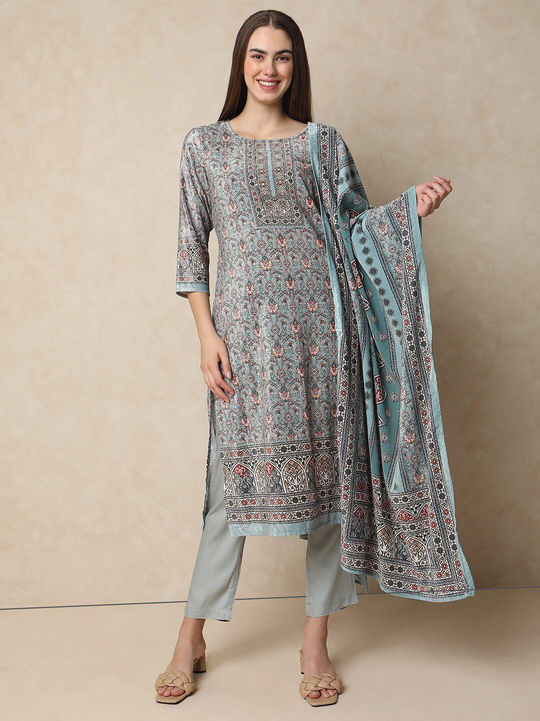 indifusion floral printed velvet straight kurta with trousers & dupatta