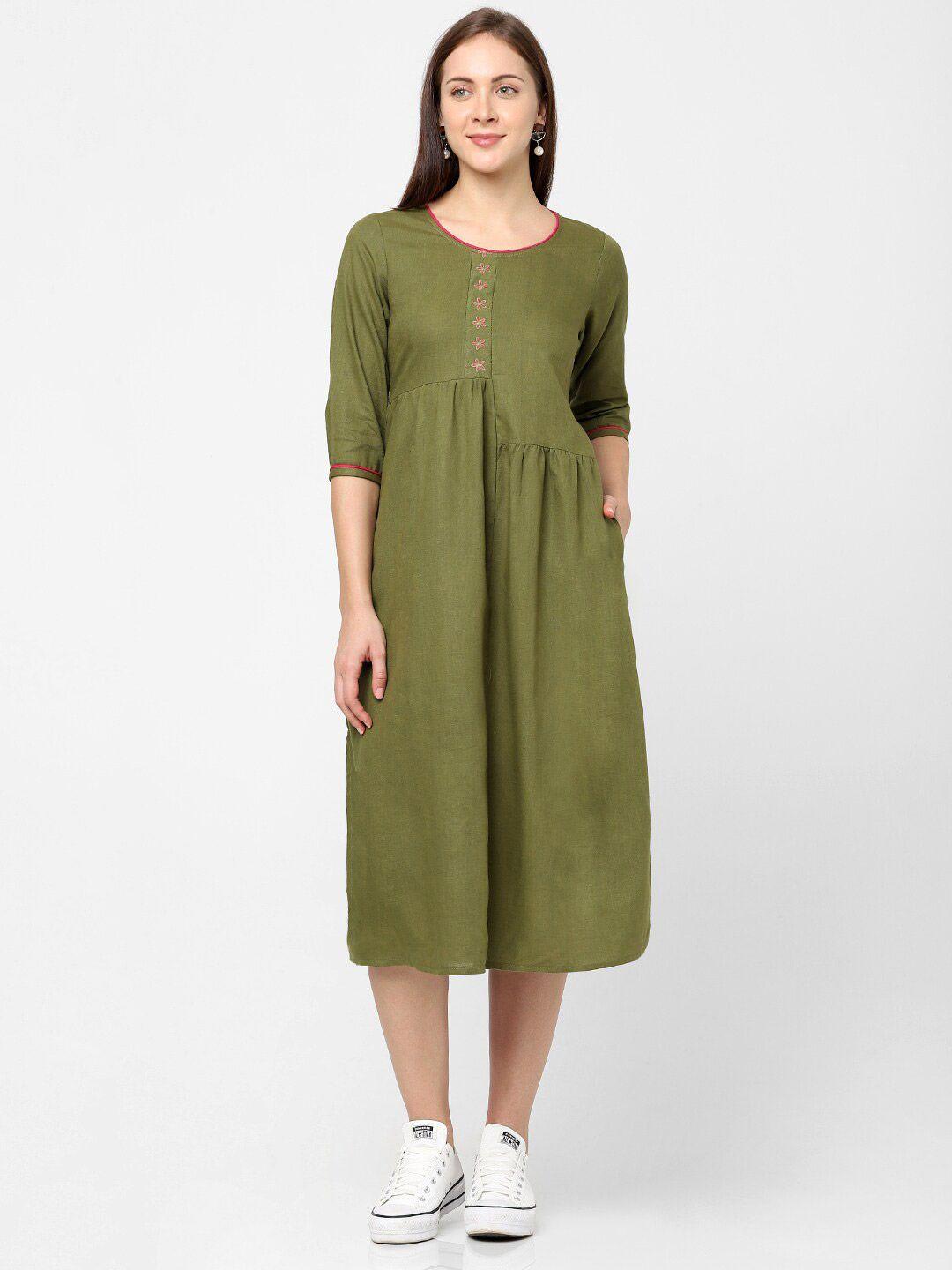 indifusion green floral embroidered linen midi dress