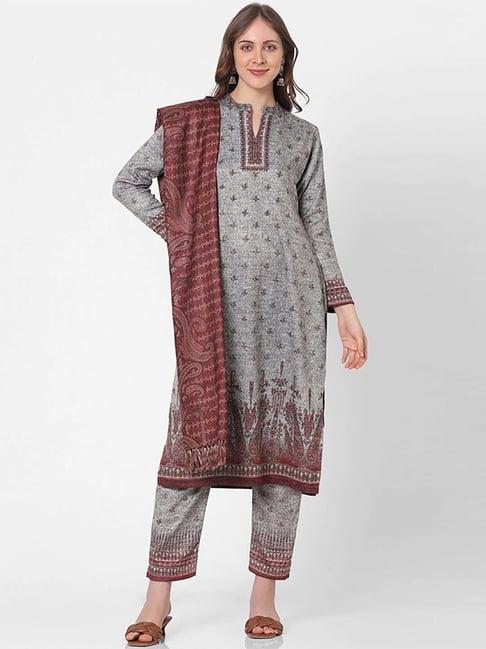 indifusion grey printed kurta pant set with dupatta