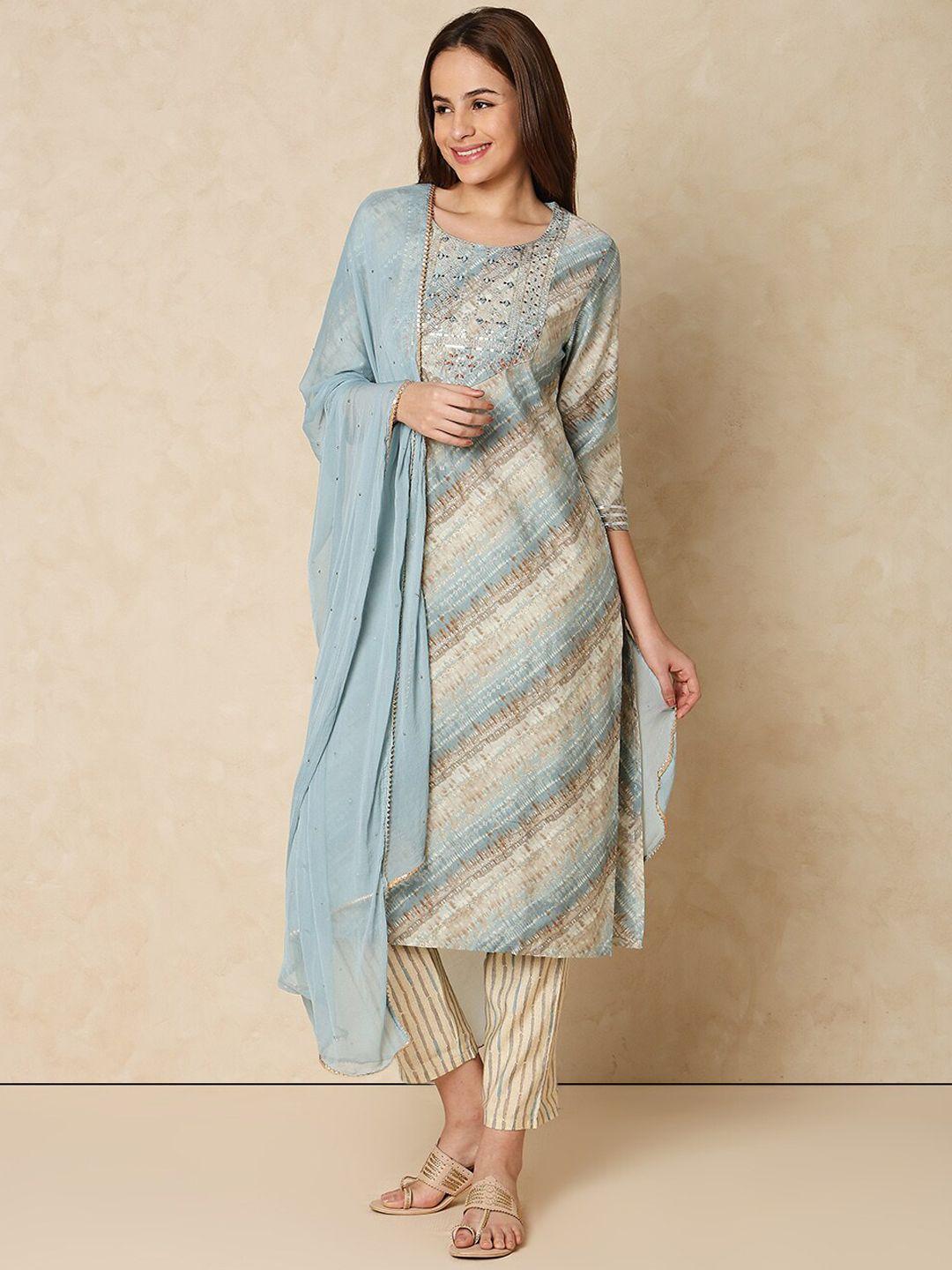 indifusion leheriya printed regular sequined kurta with trousers & dupatta