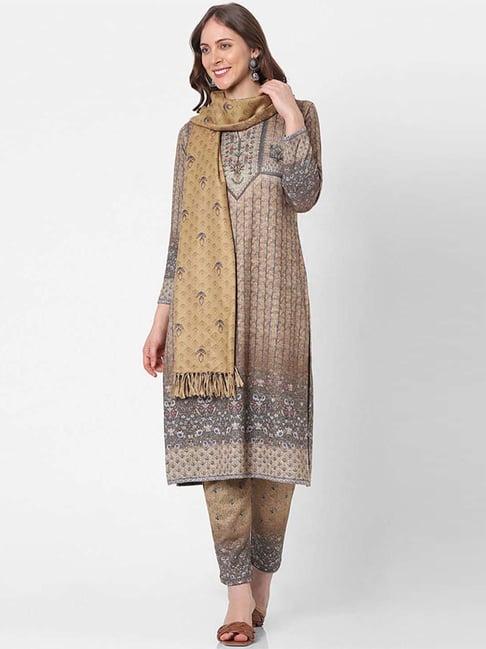 indifusion mustard printed kurta pant set with dupatta