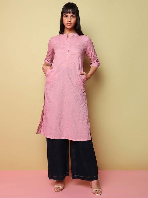 indifusion pink embroidered straight kurta