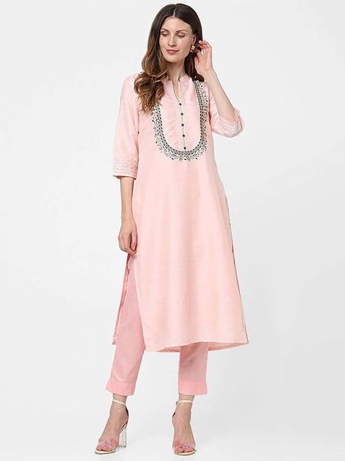 indifusion pink embroidered straight kurta