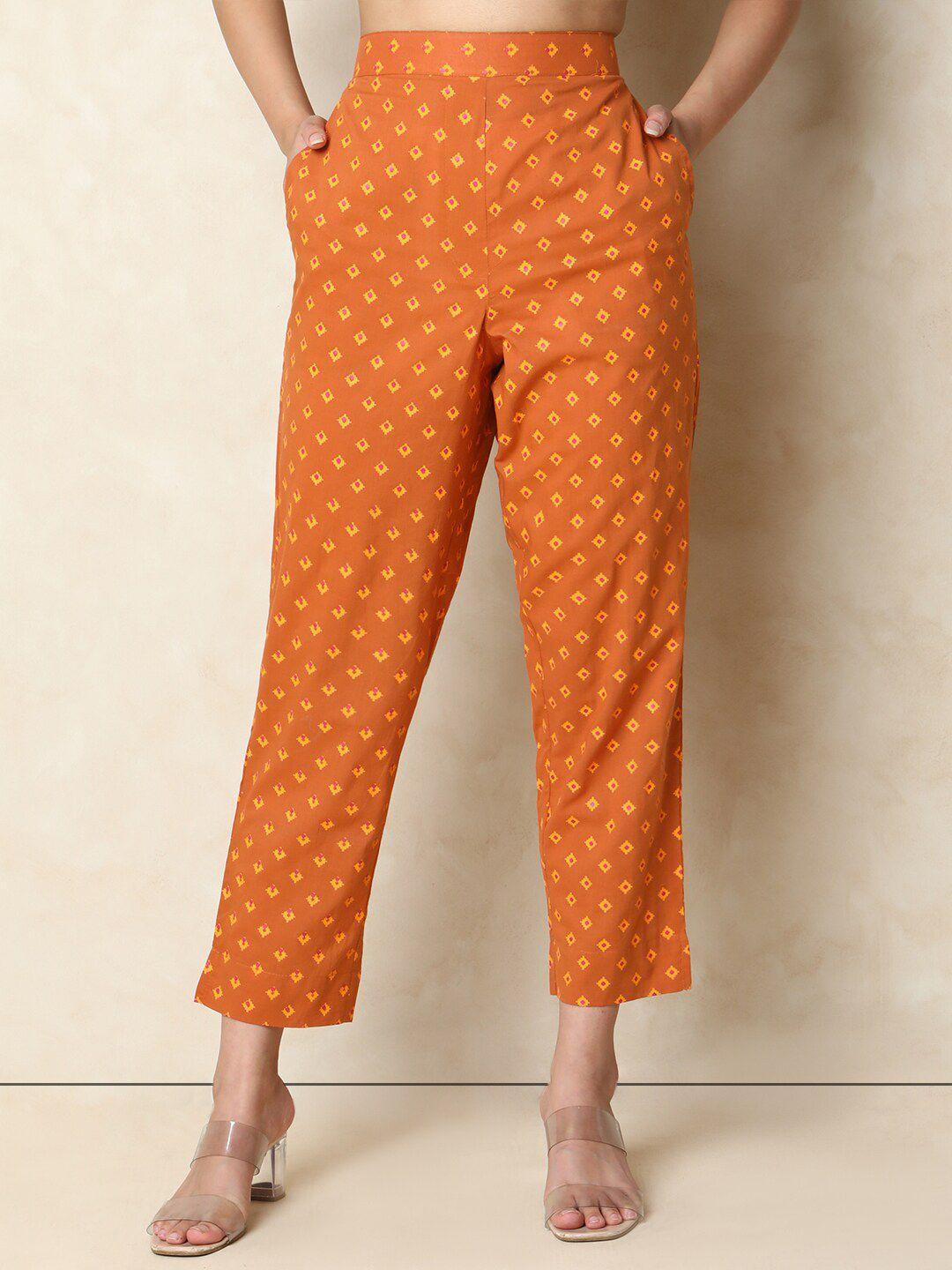 indifusion women ethnic motifs printed straight fit high-rise trousers