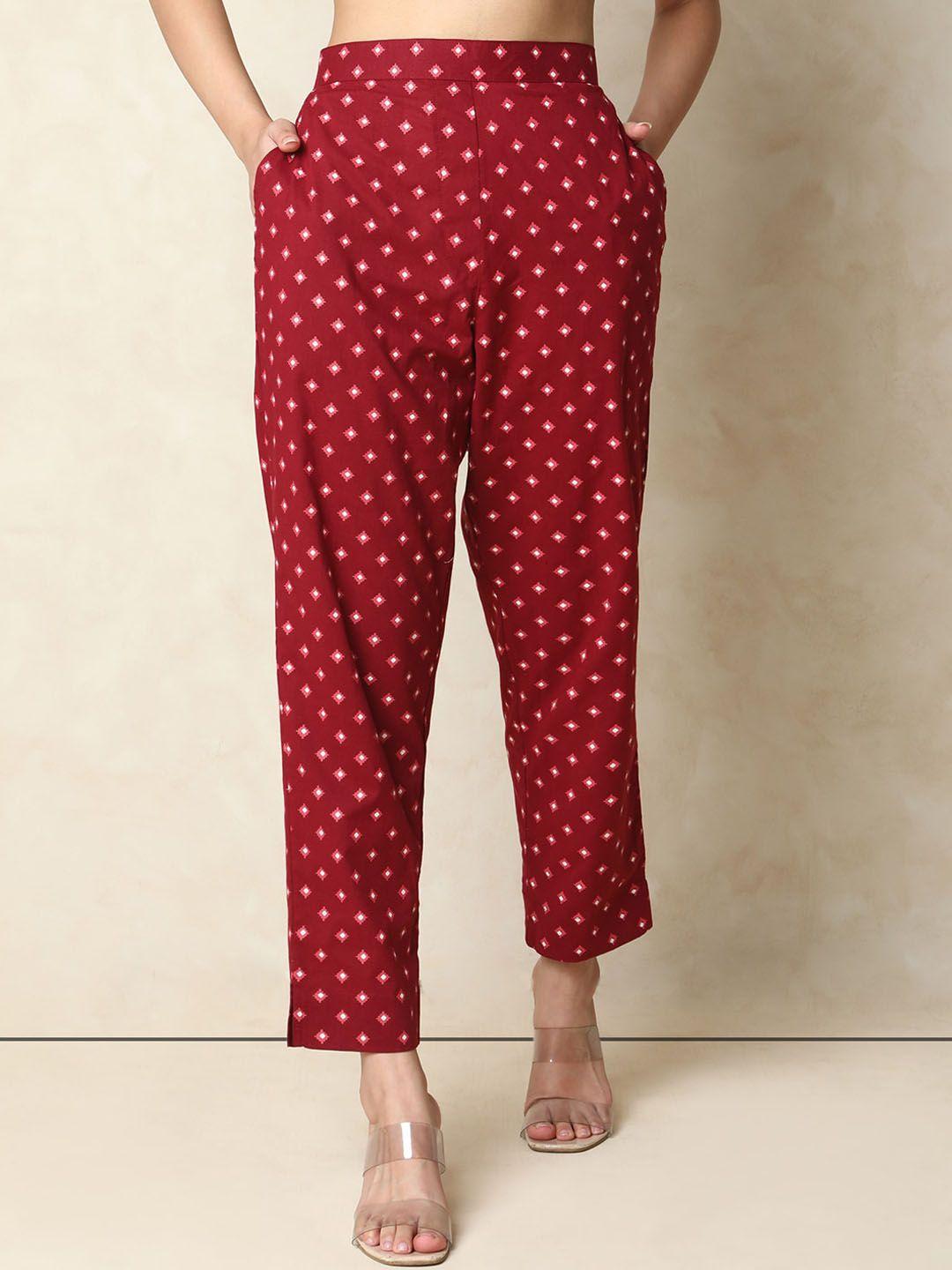 indifusion women ethnic motifs printed straight fit high-rise trousers