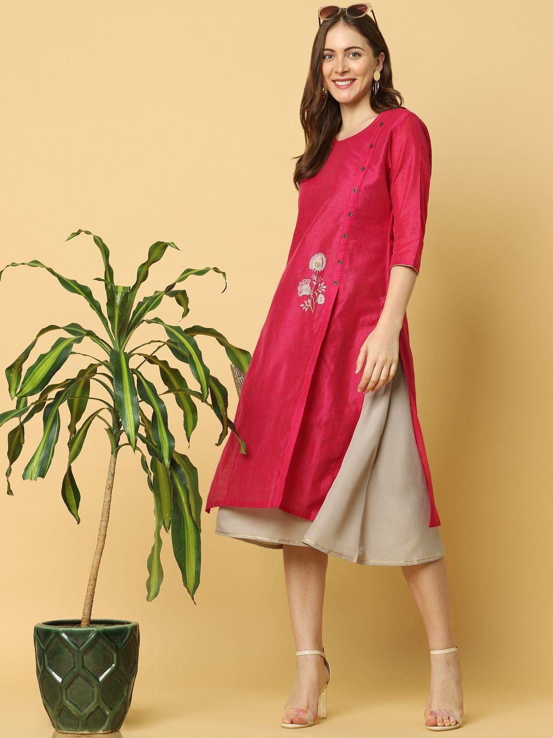 indifusion women fuchsia floral embroidered chanderi silk kurta