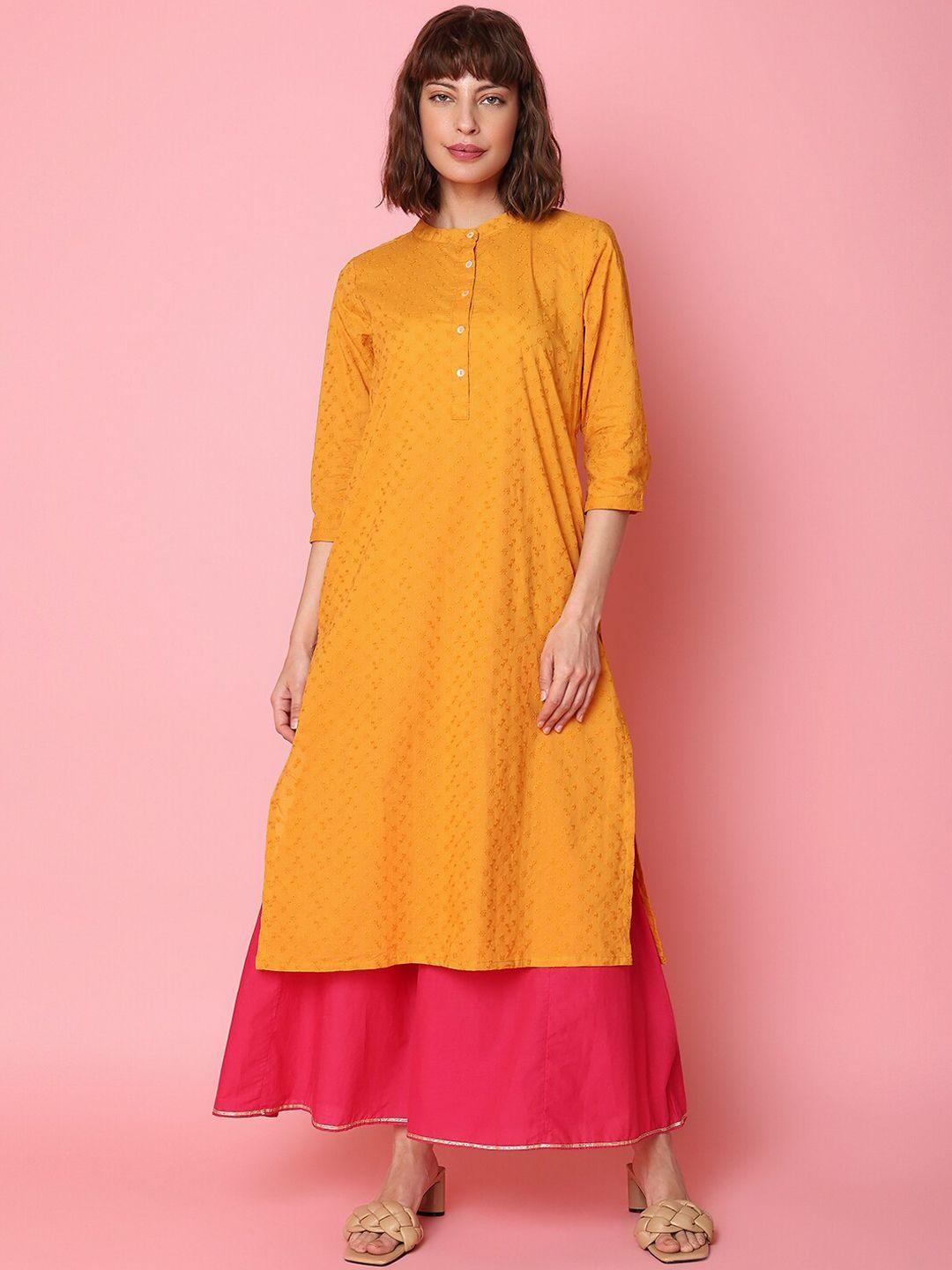 indifusion women mustard yellow ethnic motifs mirror work kurta