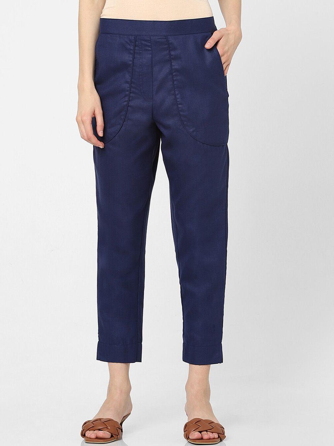 indifusion women navy blue high-rise trousers