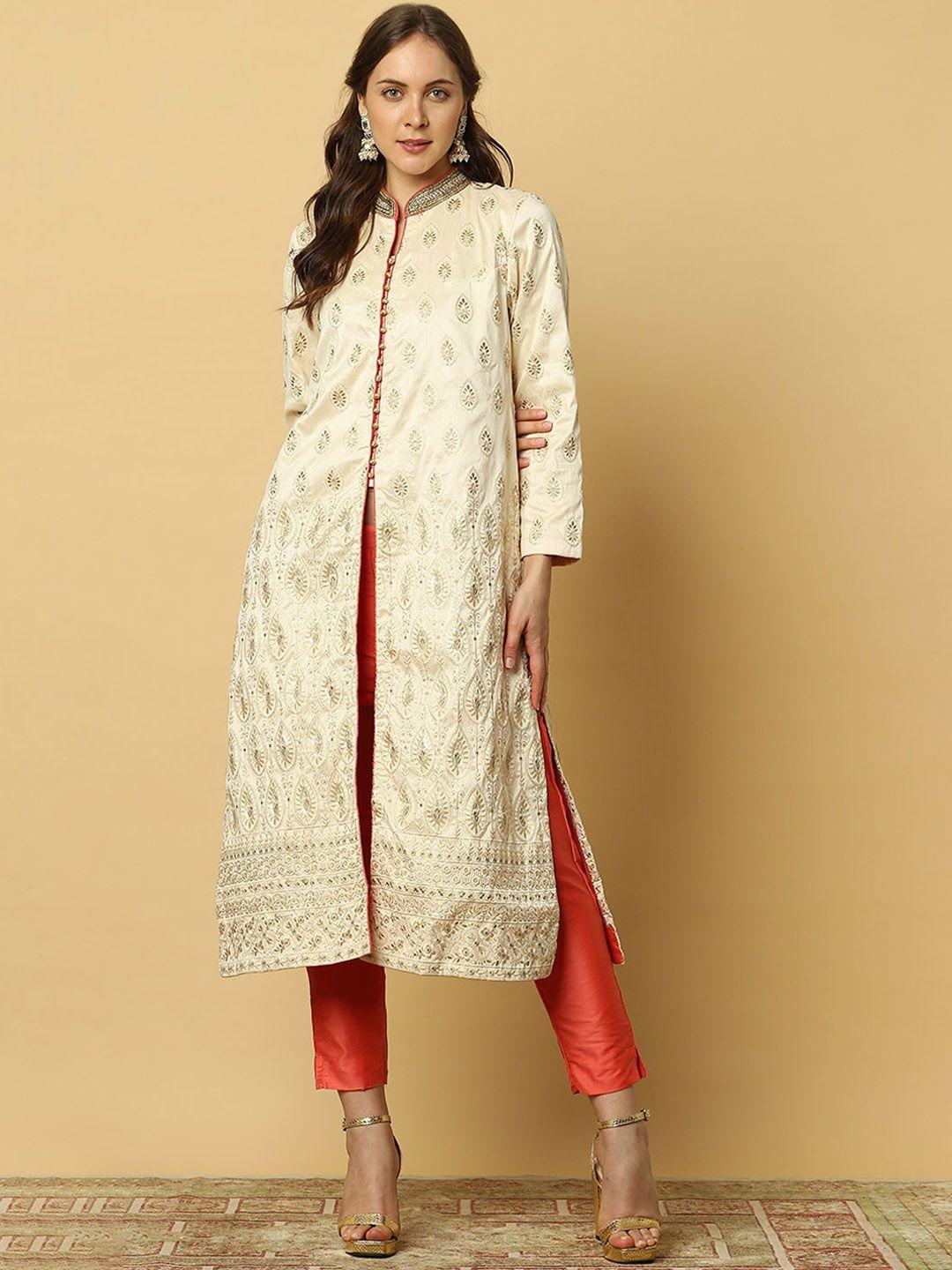 indifusion women off white ethnic motifs layered kurta with trousers