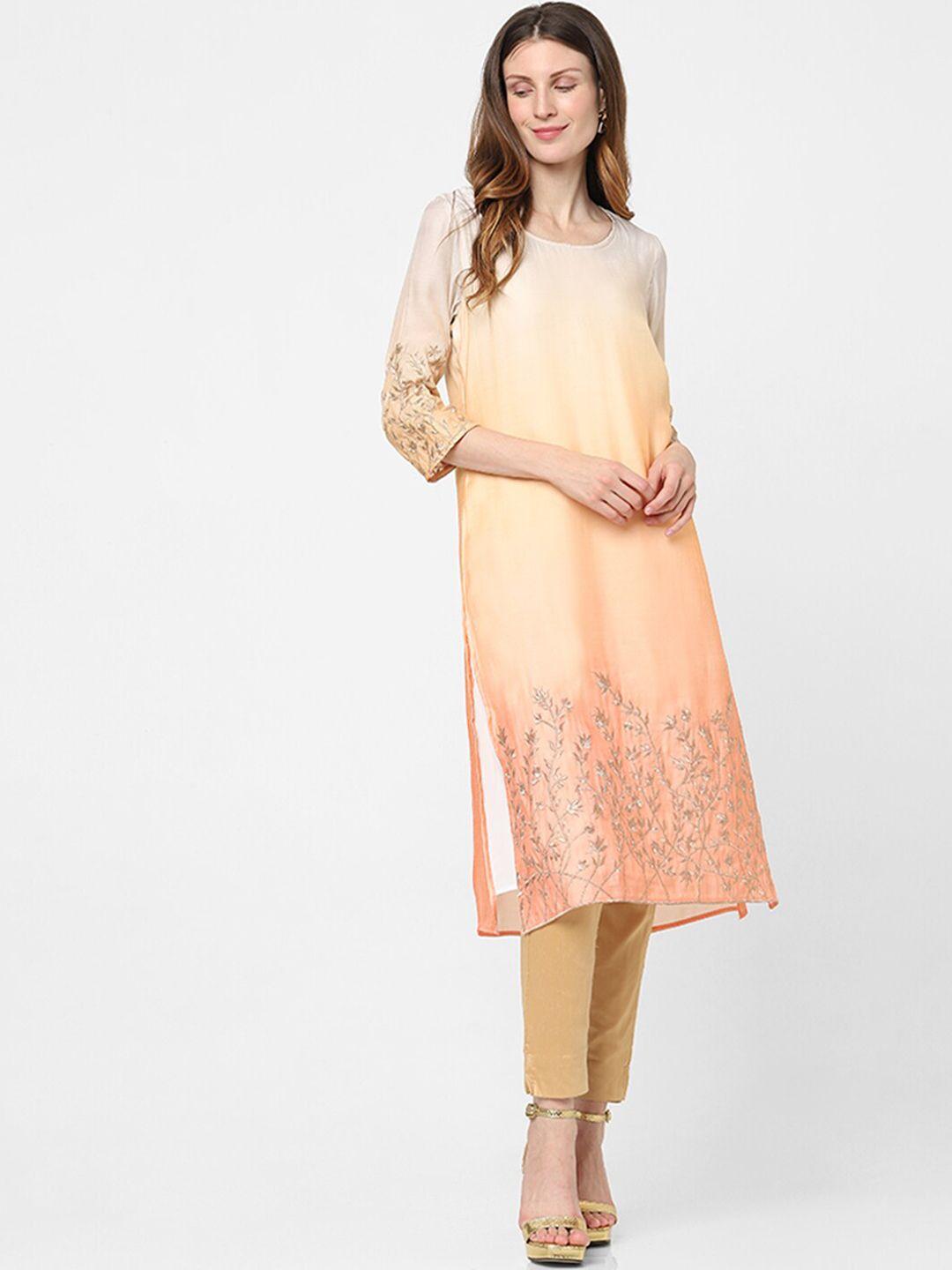 indifusion women orange ethnic motifs embroidered keyhole neck flared sleeves kurta