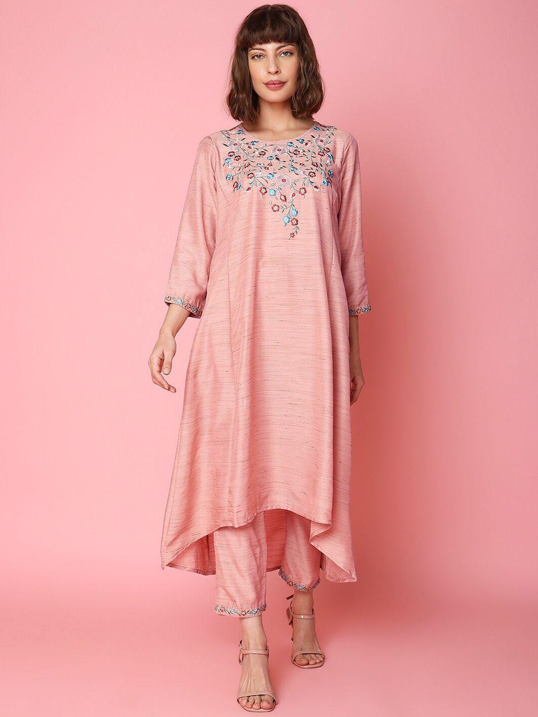 indifusion women peach-coloured embroidered regular kurta with trousers & with dupatta