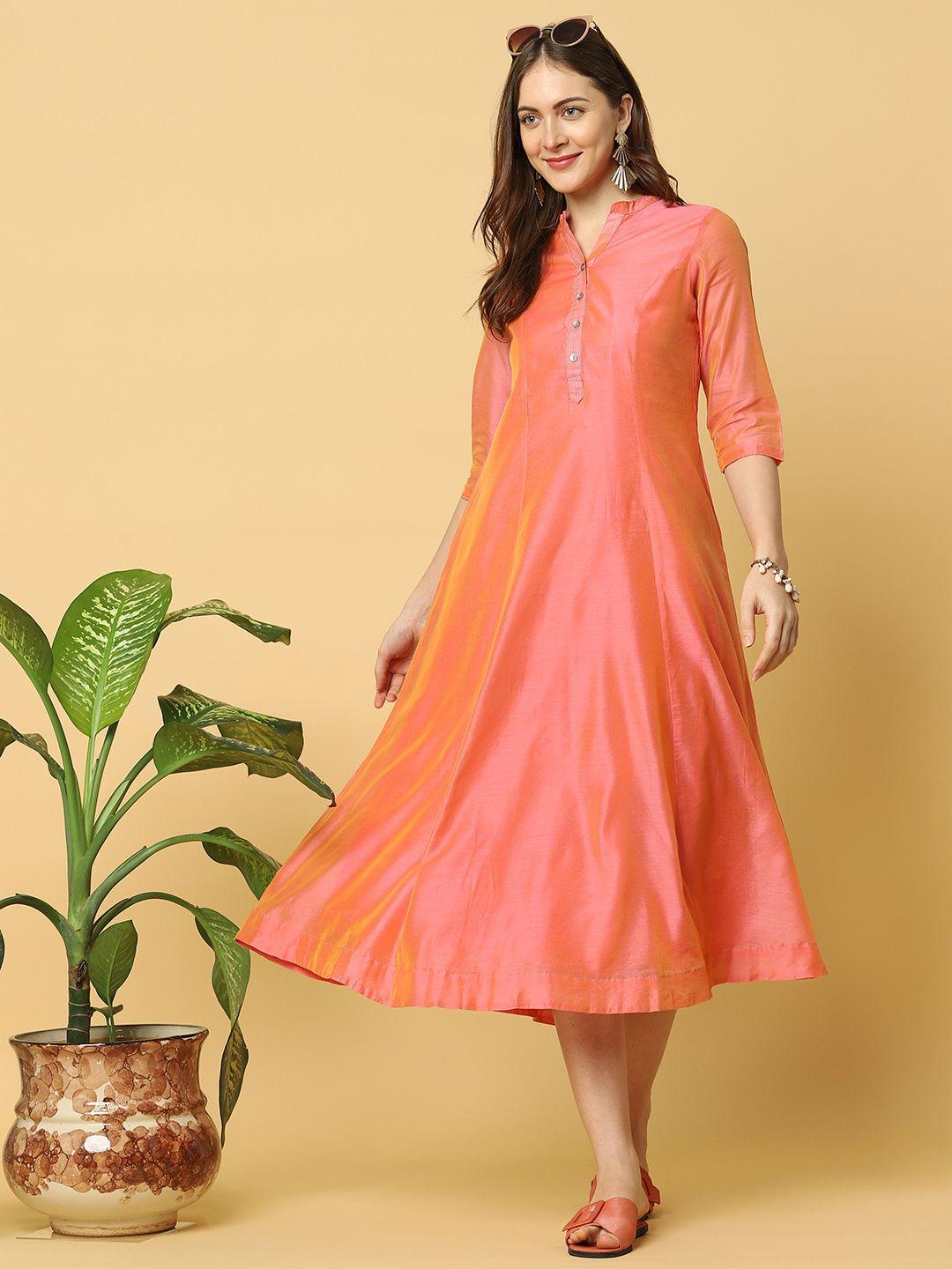 indifusion women pink chanderi silk anarkali kurta