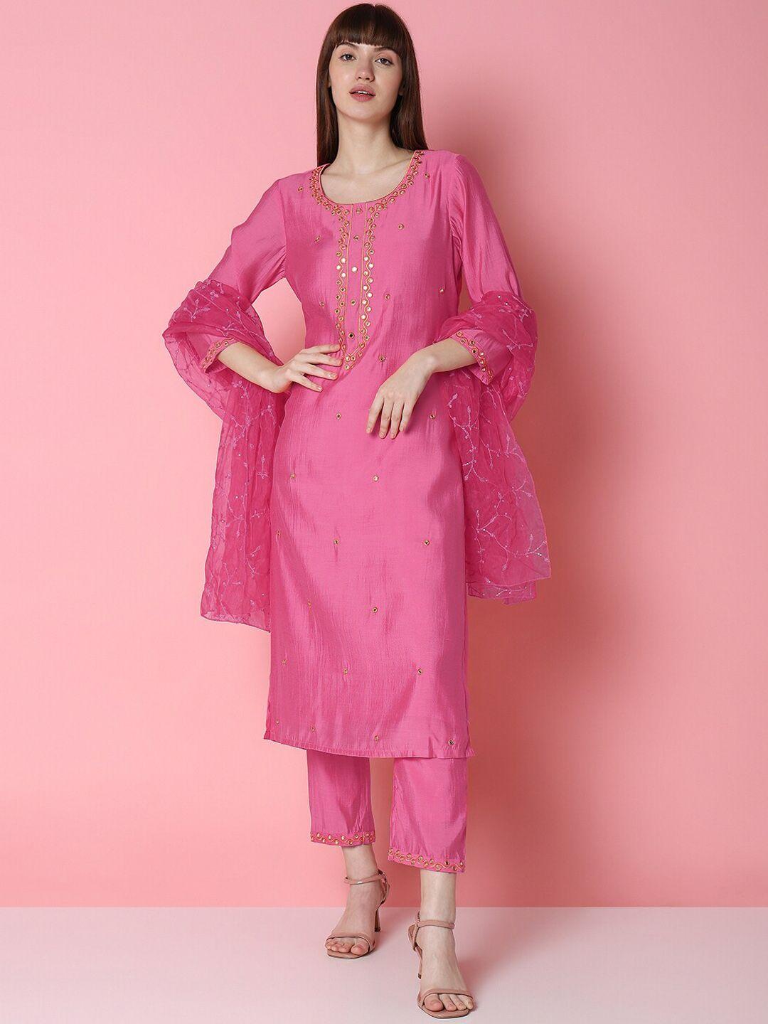 indifusion women pink ethnic motifs printed regular kurta with trousers & with dupatta