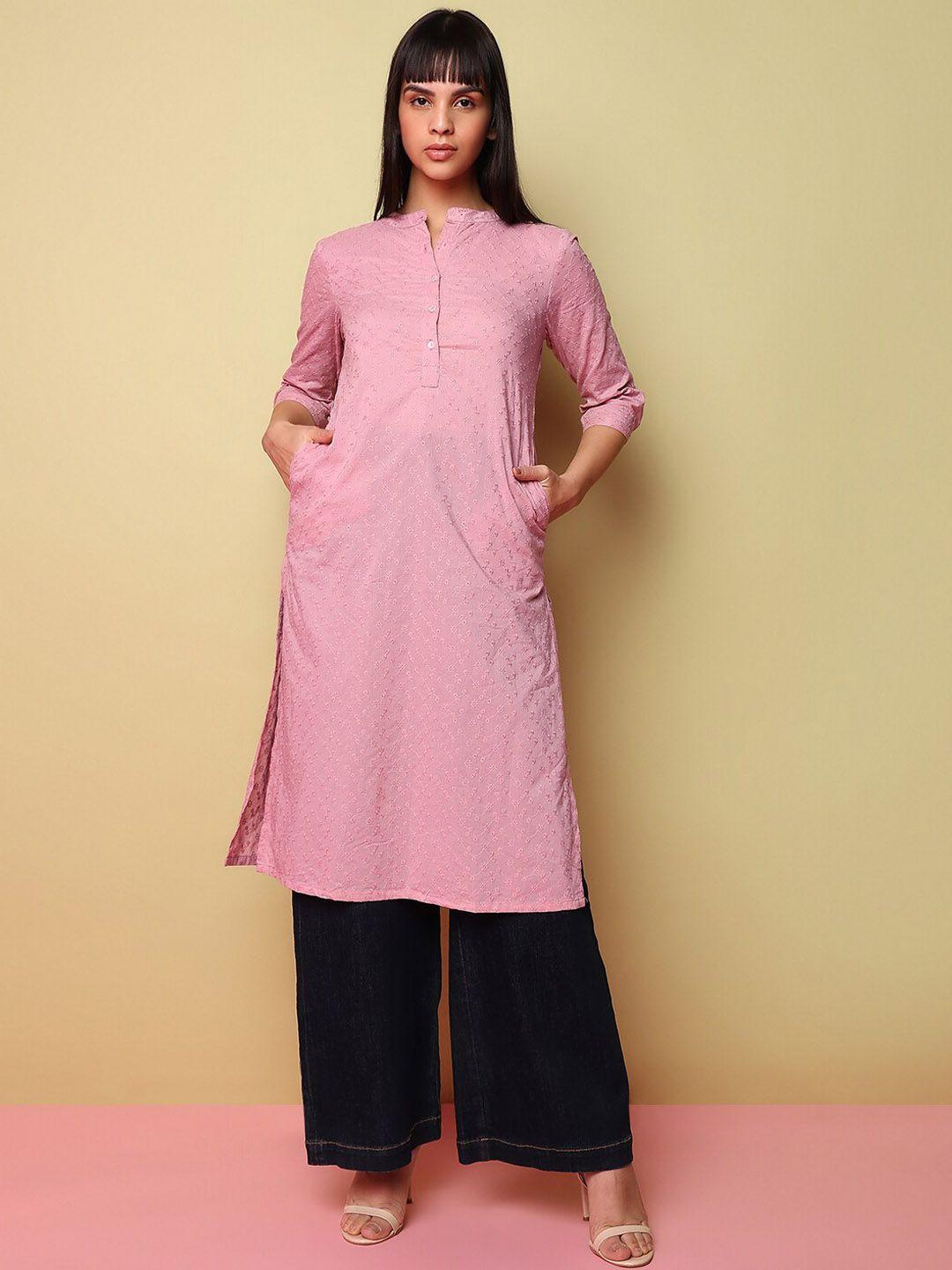 indifusion women pink paisley embroidered flared sleeves thread work kurta