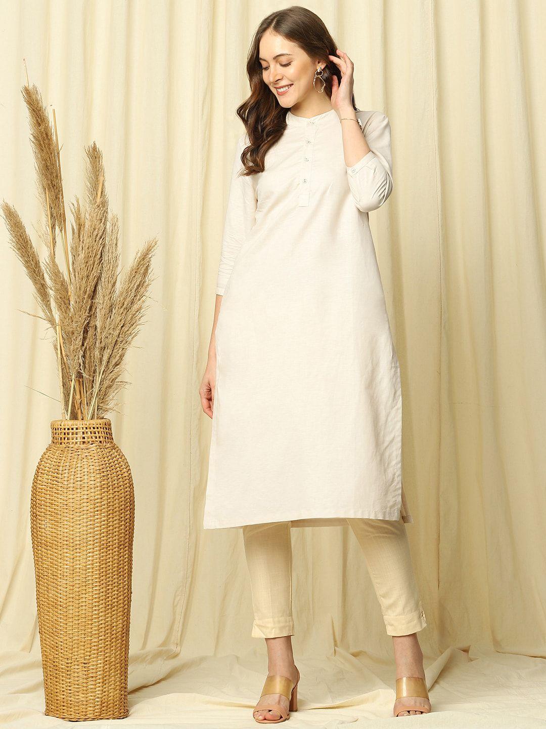 indifusion women white keyhole neck thread work kurta