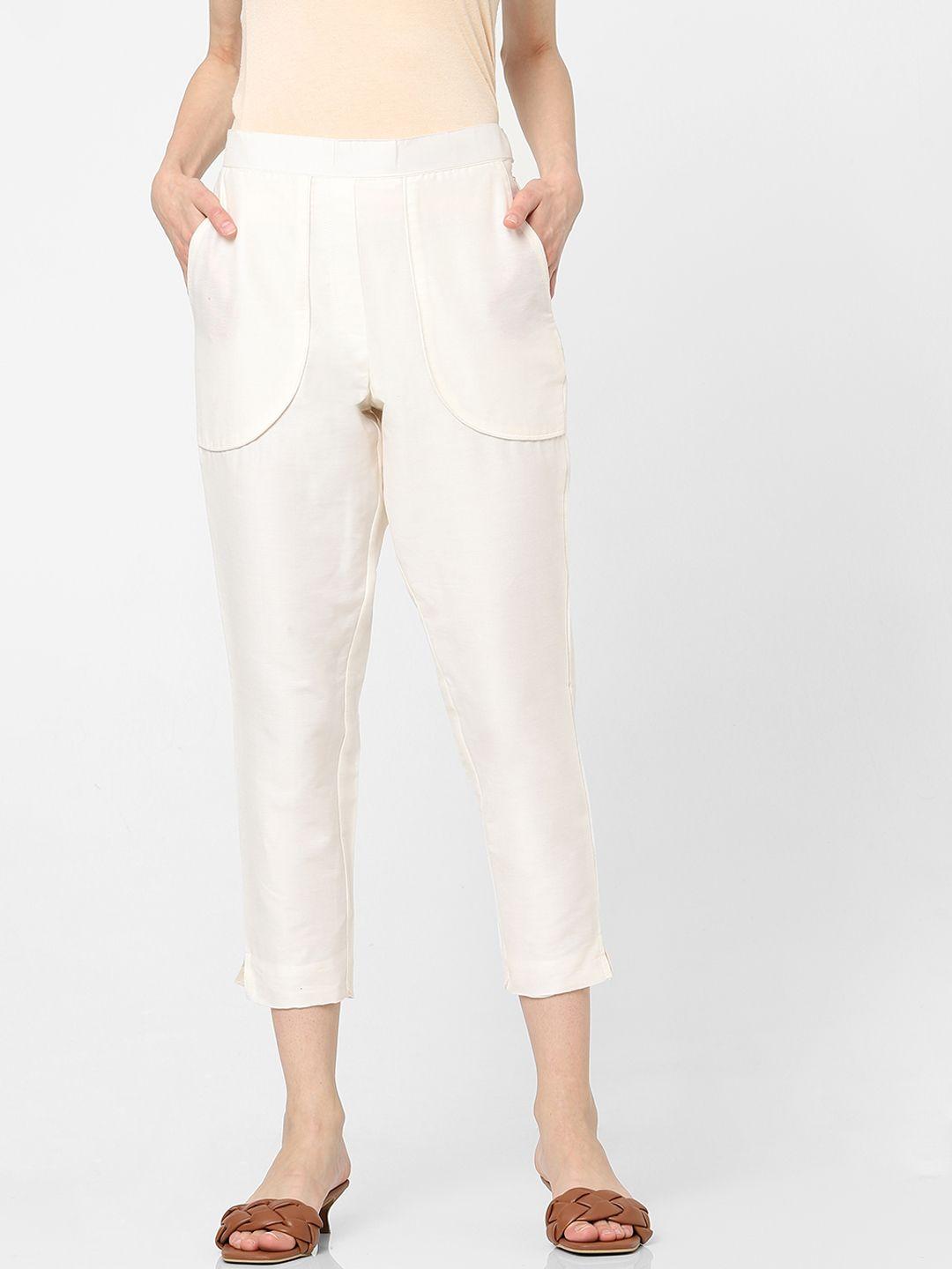 indifusion women white solid high-rise trousers