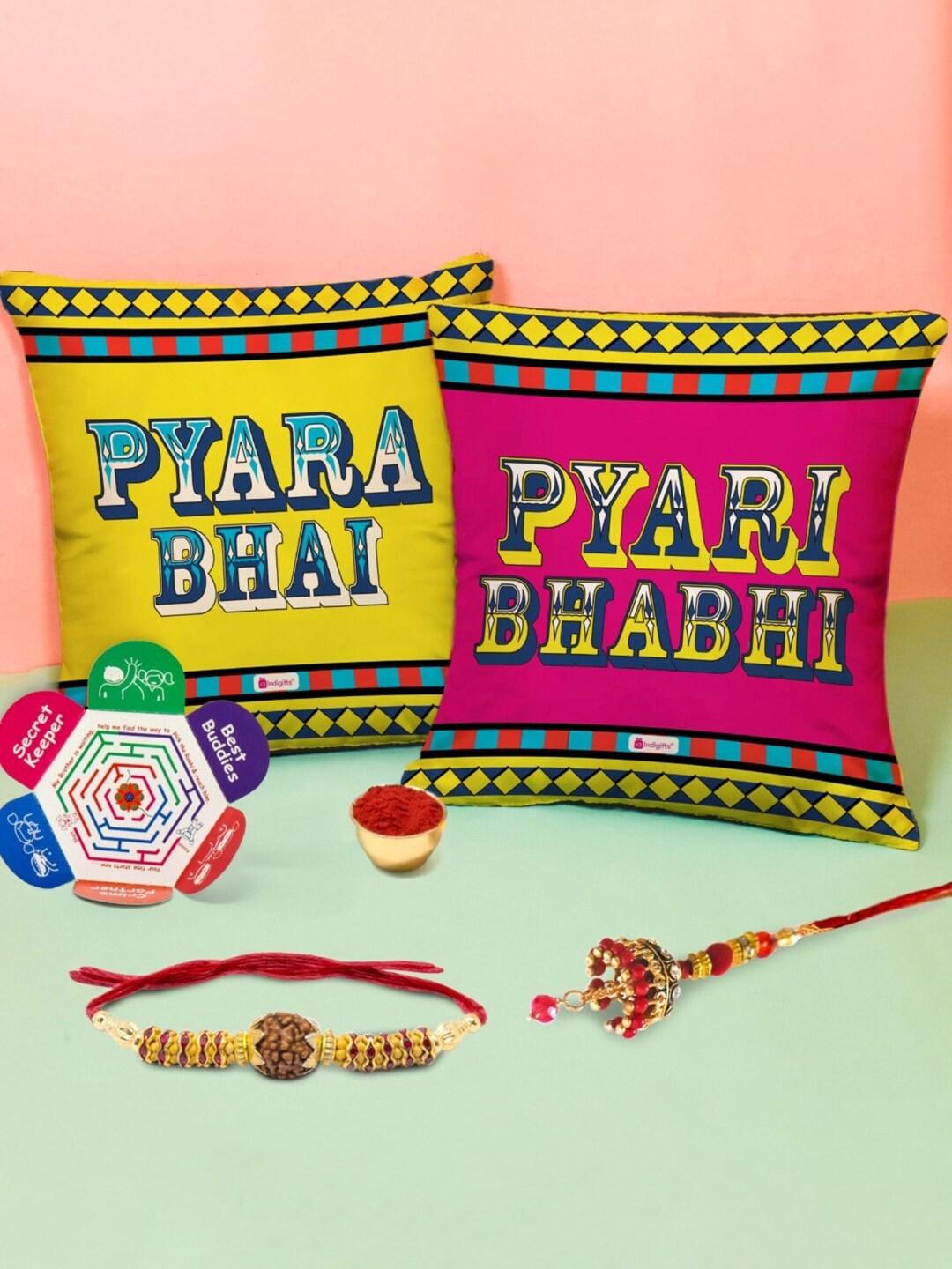 indigifts multicoloured printed cushion & bhai bhabhi rakhi gift set