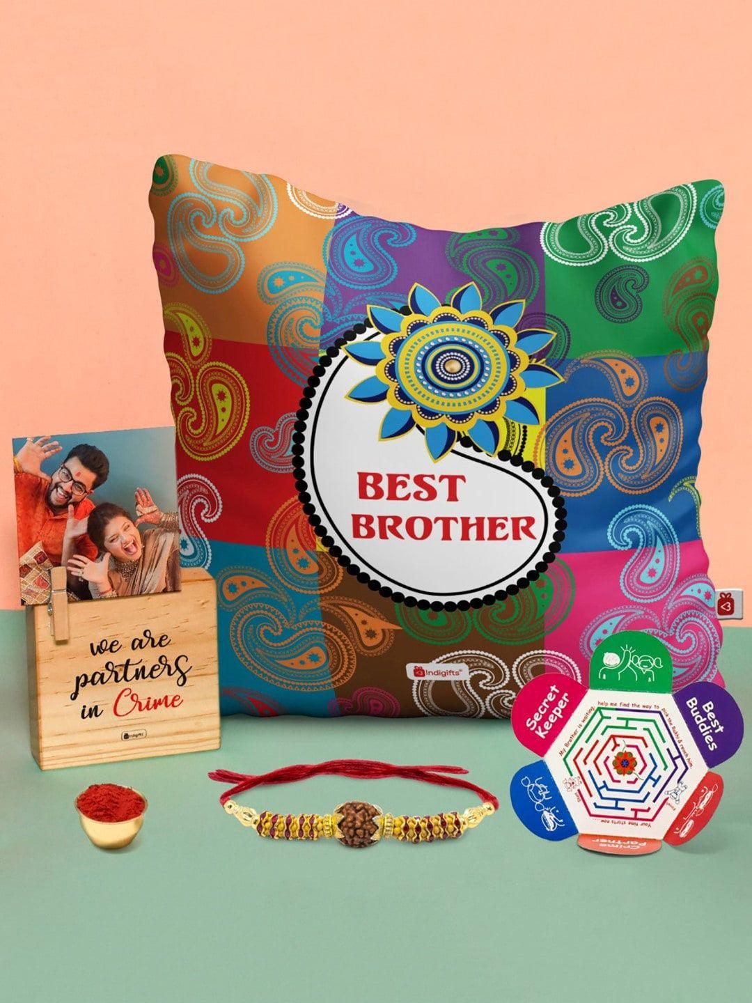 indigifts best brother printed cushion photo frame & rakhi gift set