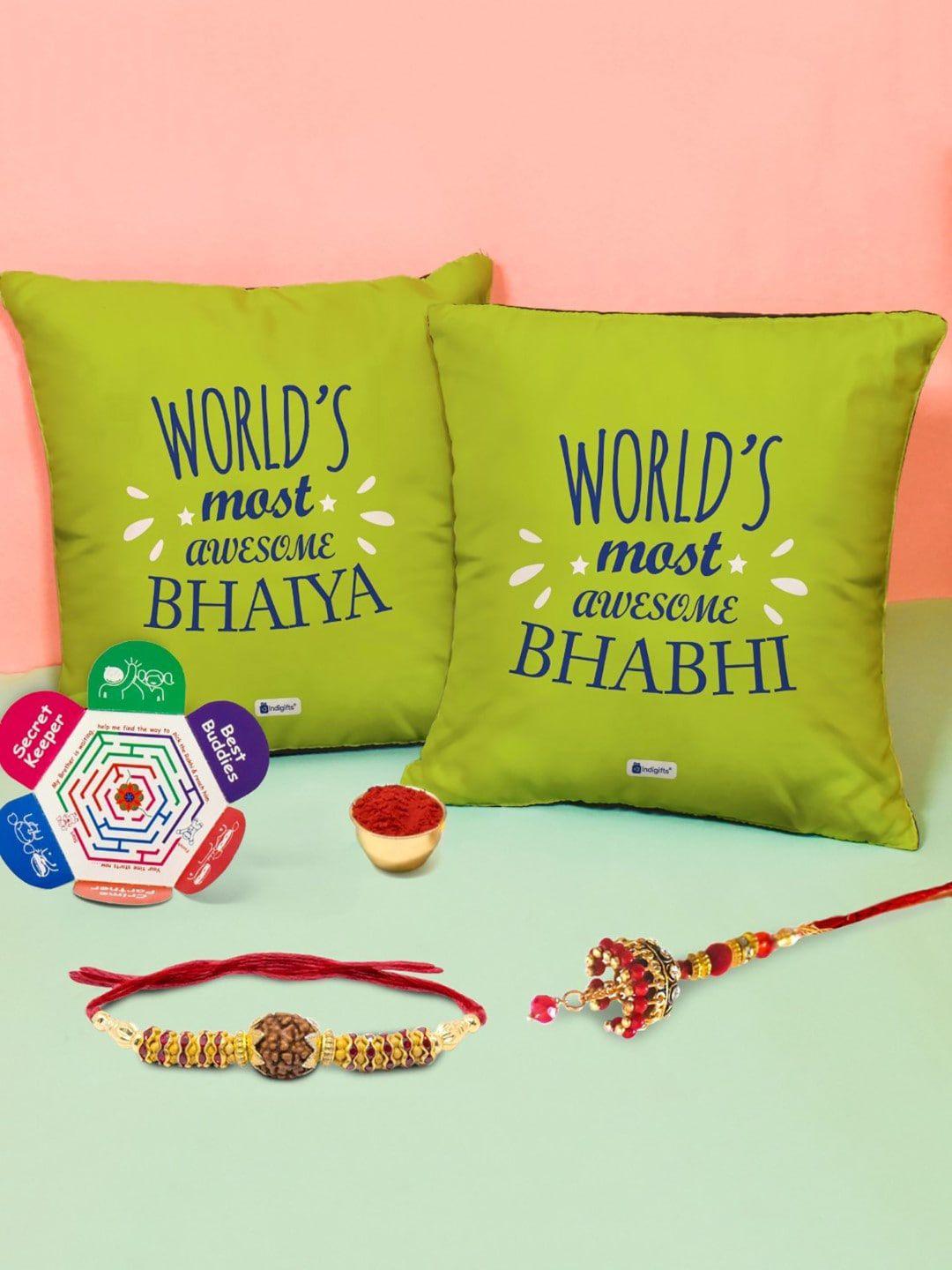 indigifts bhaiya bhabhi rudraksha rakhi with 2 cushions
