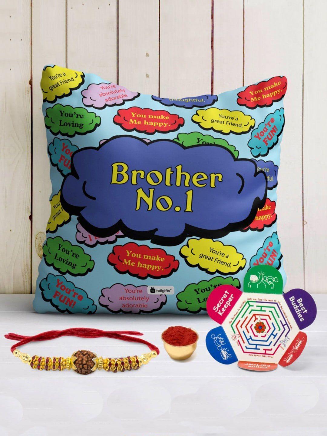 indigifts brother no.1 printed cushion and rakhi gift set