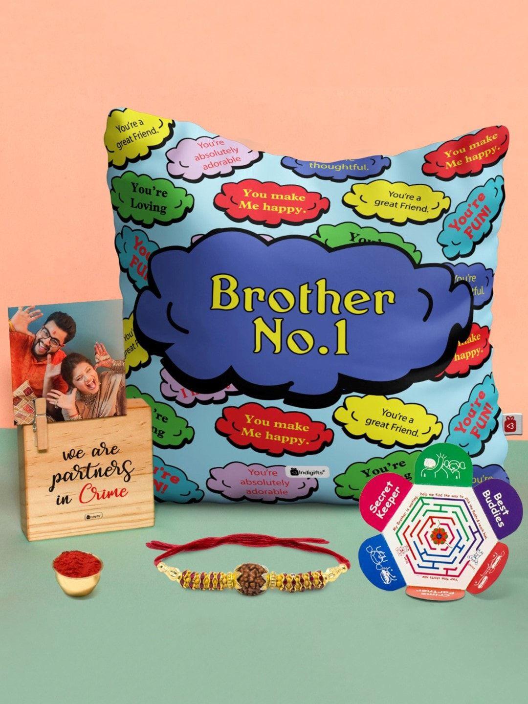 indigifts brother no.1 printed cushion photo stand & rakhi gift set