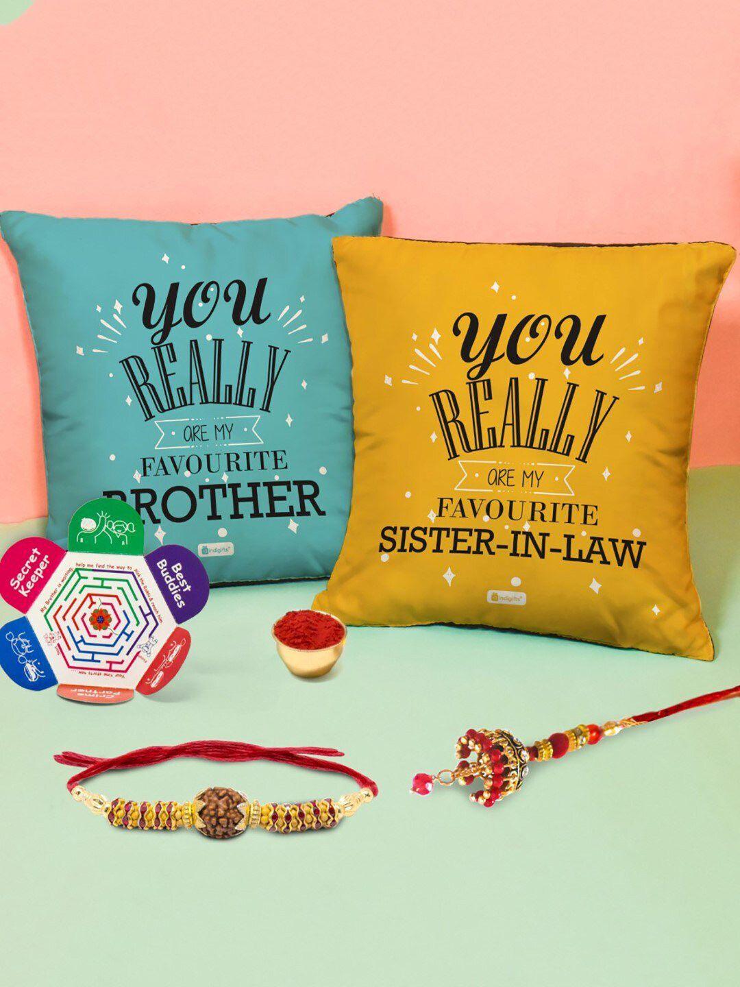 indigifts rakhi with printed cushion cover gift set