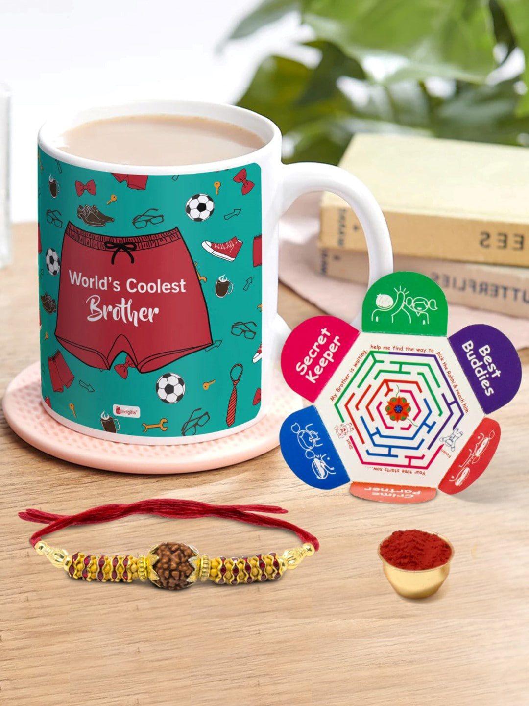 indigifts rudraksha rakhi with printed coffee mug