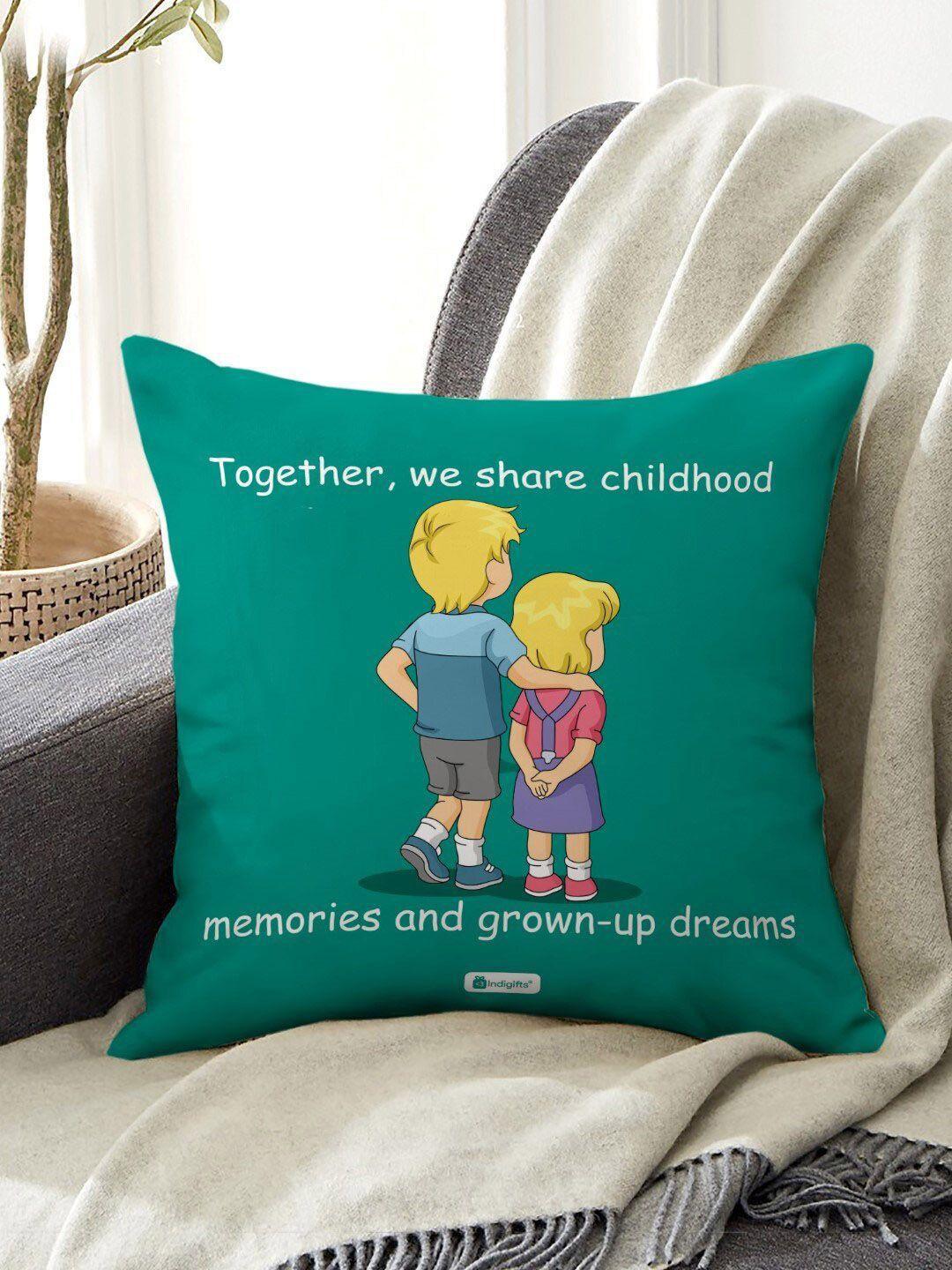 indigifts set of 3 green childhood memories quote printed cushion with ceramic mug & rakhi