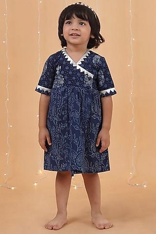 indigo blue cotton slub printed angrakha flared dress for girls