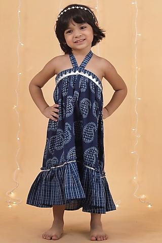 indigo blue cotton slub printed checkered tiered dress for girls