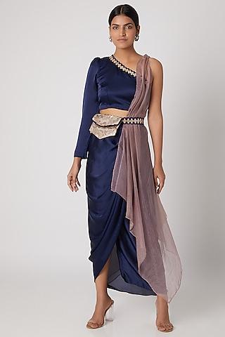 indigo blue crop top with pencil skirt, cape & belt