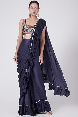 indigo blue embellished ruffled saree set