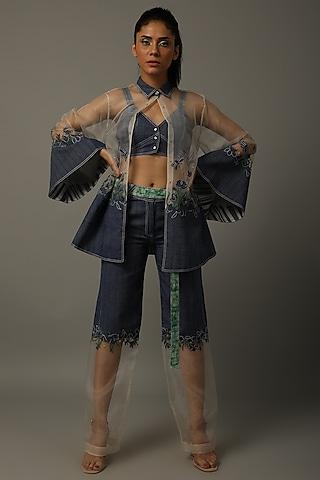 indigo blue embroidered dress with top, pants, & belt