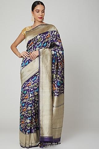indigo blue embroidered silk saree set