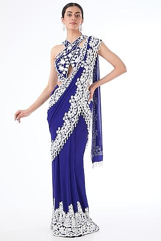 indigo blue georgette & net hand embroidered lehenga saree set