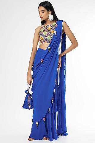 indigo blue georgette skirt saree set with potli bag