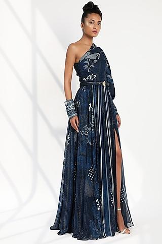 indigo blue printed dress with belt
