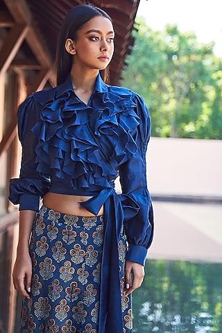 indigo blue printed ruffled blouse