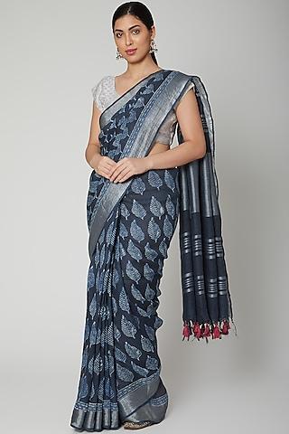 indigo blue printed saree set