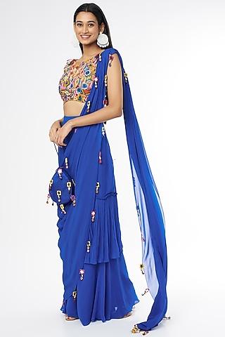 indigo blue tasseled skirt saree set with potli bag