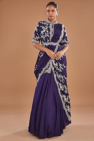 indigo crepe & bemberg silk sequins embroidered draped gown saree