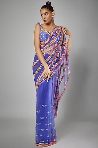 indigo crepe & tulle embroidered pre-stitched saree set