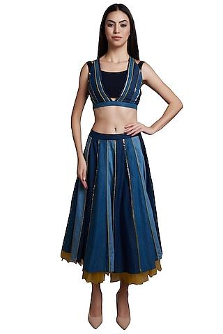 indigo crop top with midi skirt