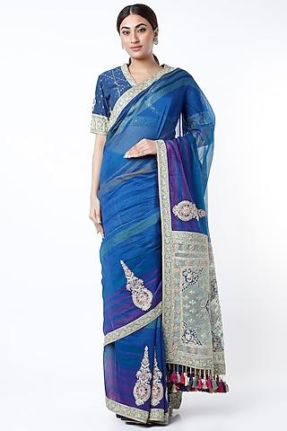 indigo embroidered saree set